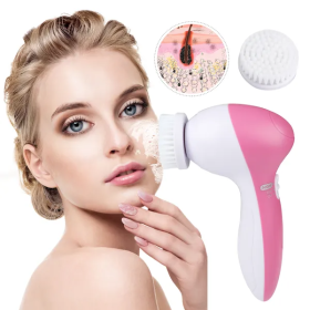 Waterproof Facial Cleansing Brush Face Spin Cleaning Brush Scrubber With 5 Brush Heads For Women (Color: Pink)